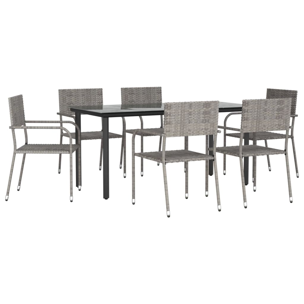 Set da Pranzo da Giardino 7 pz Nero Grigio Polyrattan e Acciaio