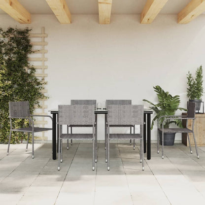 Set da Pranzo da Giardino 7 pz Nero Grigio Polyrattan e Acciaio
