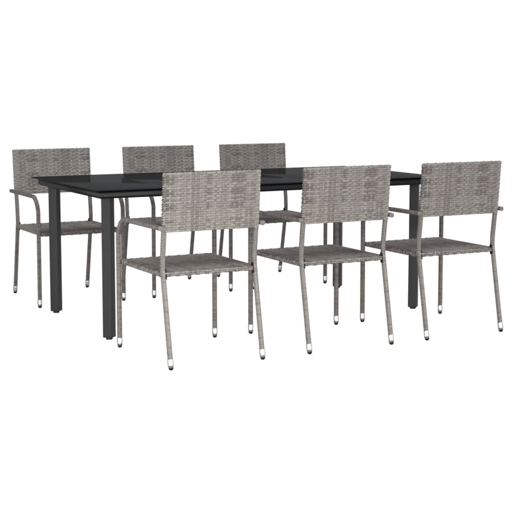 Set da Pranzo da Giardino 7 pz Nero Grigio Polyrattan e Acciaio
