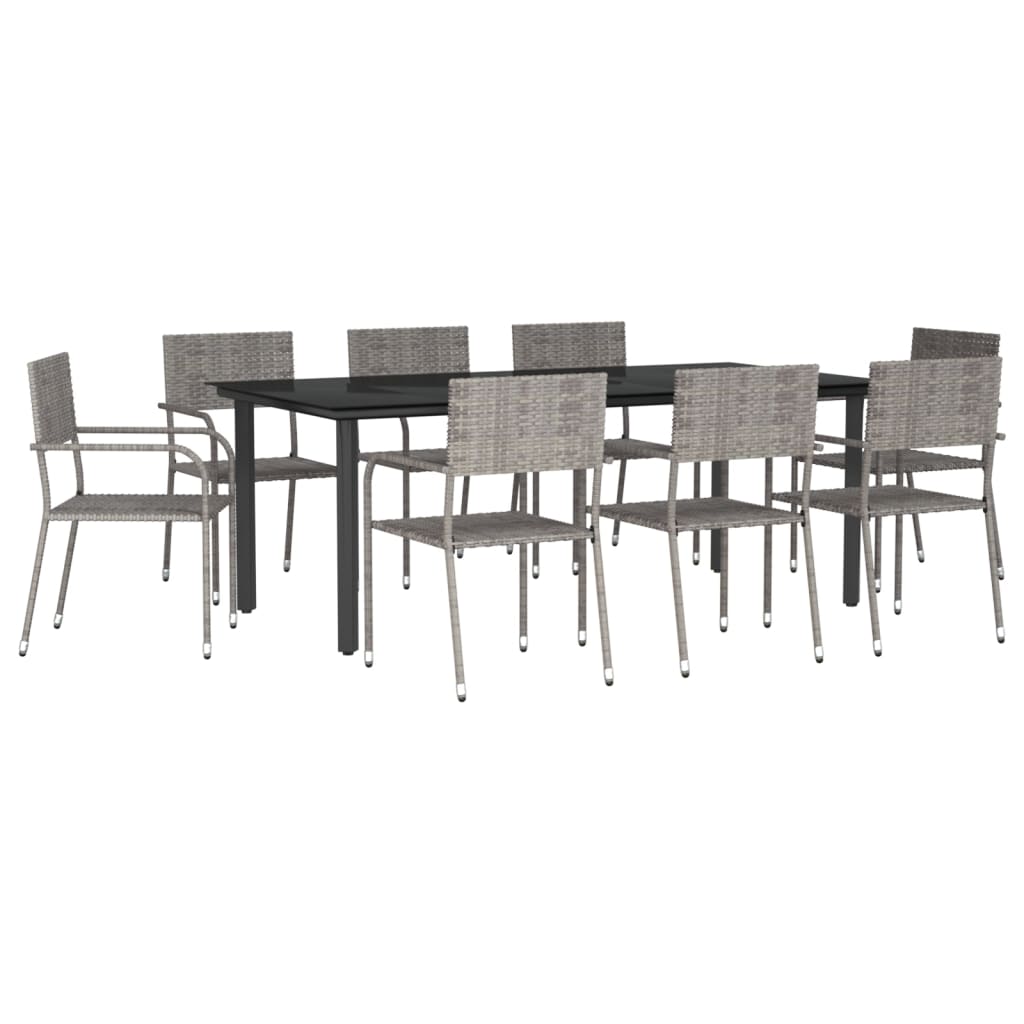 Set da Pranzo da Giardino 9 pz Nero Grigio Polyrattan e Acciaio