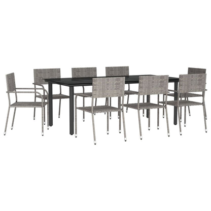 Set da Pranzo da Giardino 9 pz Nero Grigio Polyrattan e Acciaio
