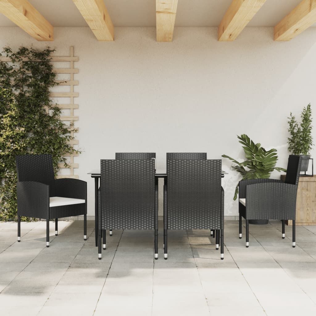 Set da Pranzo da Giardino 7 pz Nero in Polyrattan e Acciaio