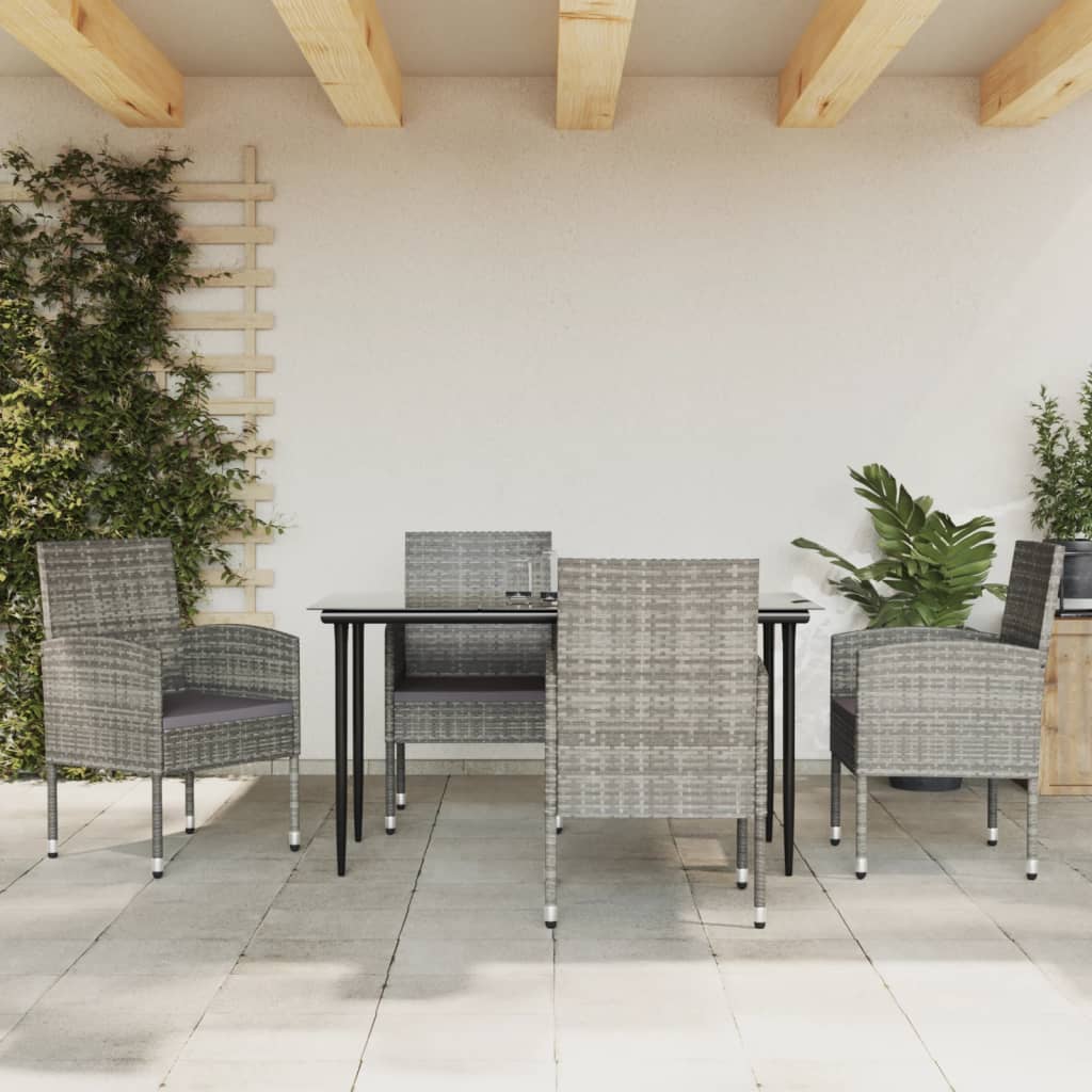 Set da Pranzo da Giardino 5 pz Nero Grigio Polyrattan e Acciaio