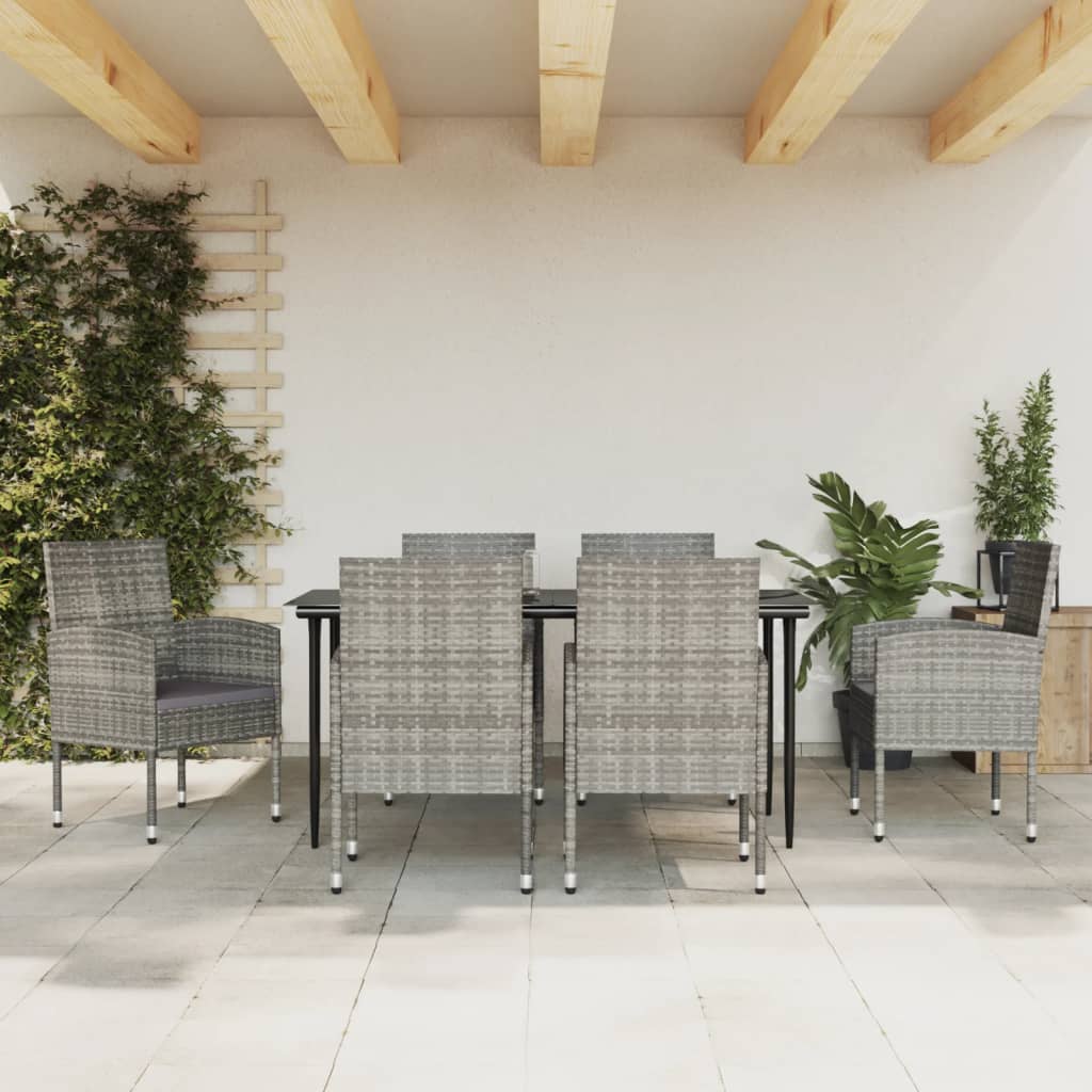 Set da Pranzo da Giardino 7 pz Nero Grigio Polyrattan e Acciaio