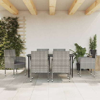 Set da Pranzo da Giardino 7 pz Nero Grigio Polyrattan e Acciaio