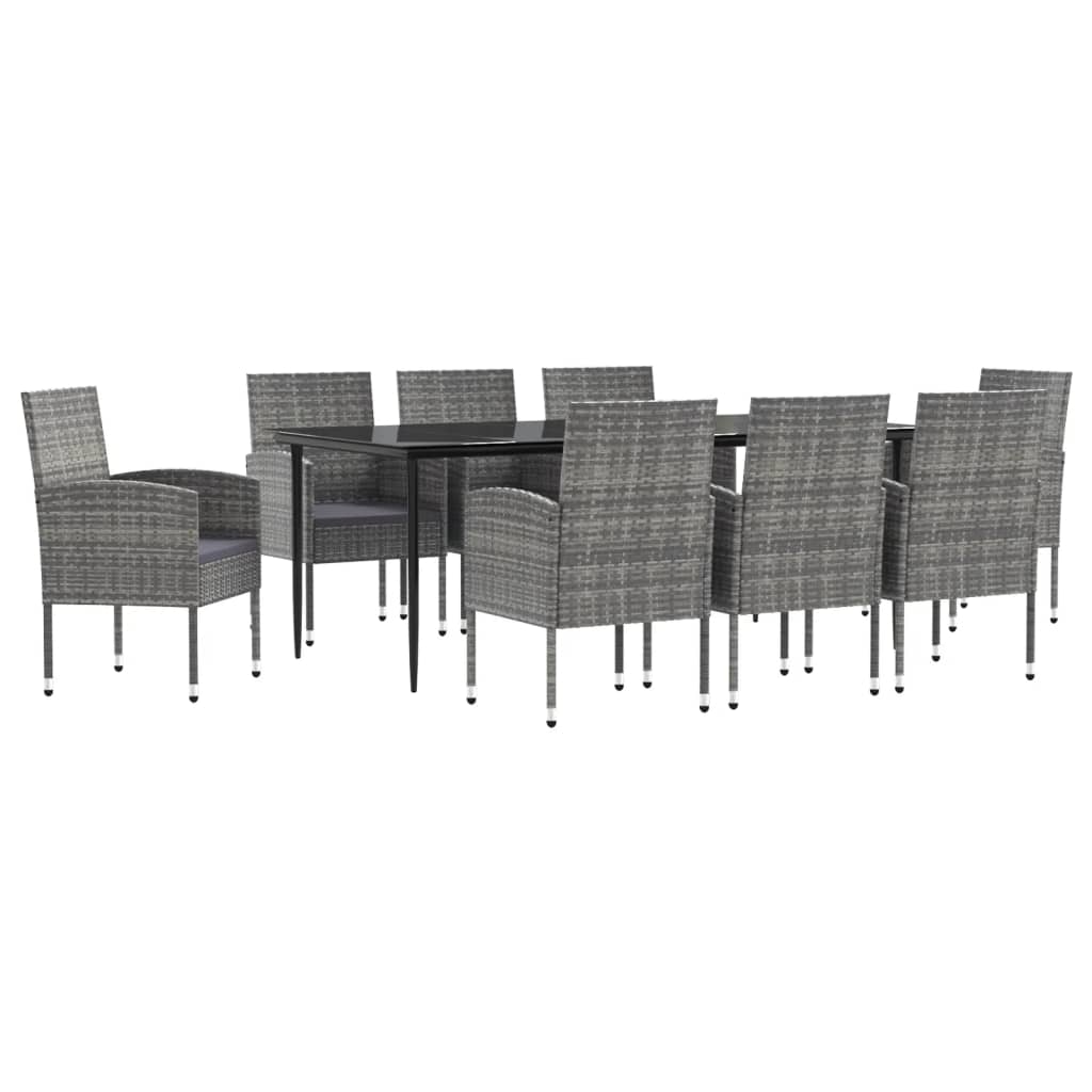 Set da Pranzo da Giardino 9 pz Nero Grigio Polyrattan e Acciaio