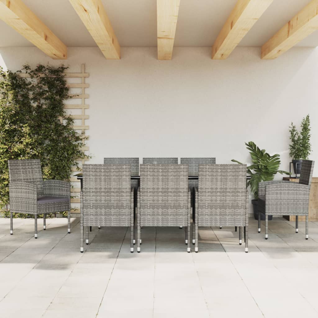 Set da Pranzo da Giardino 9 pz Nero Grigio Polyrattan e Acciaio