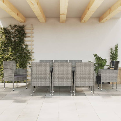 Set da Pranzo da Giardino 9 pz Nero Grigio Polyrattan e Acciaio