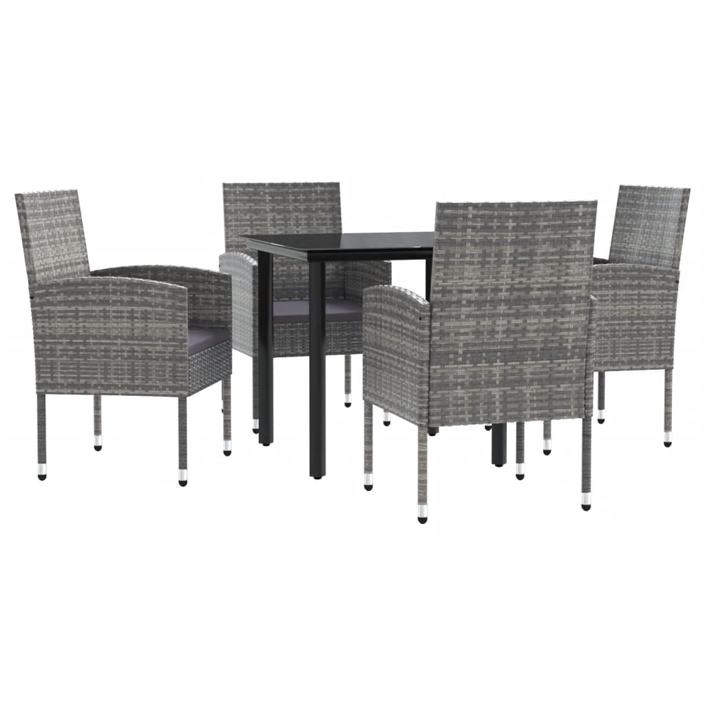 Set da Pranzo da Giardino 5 pz Nero Grigio Polyrattan e Acciaio