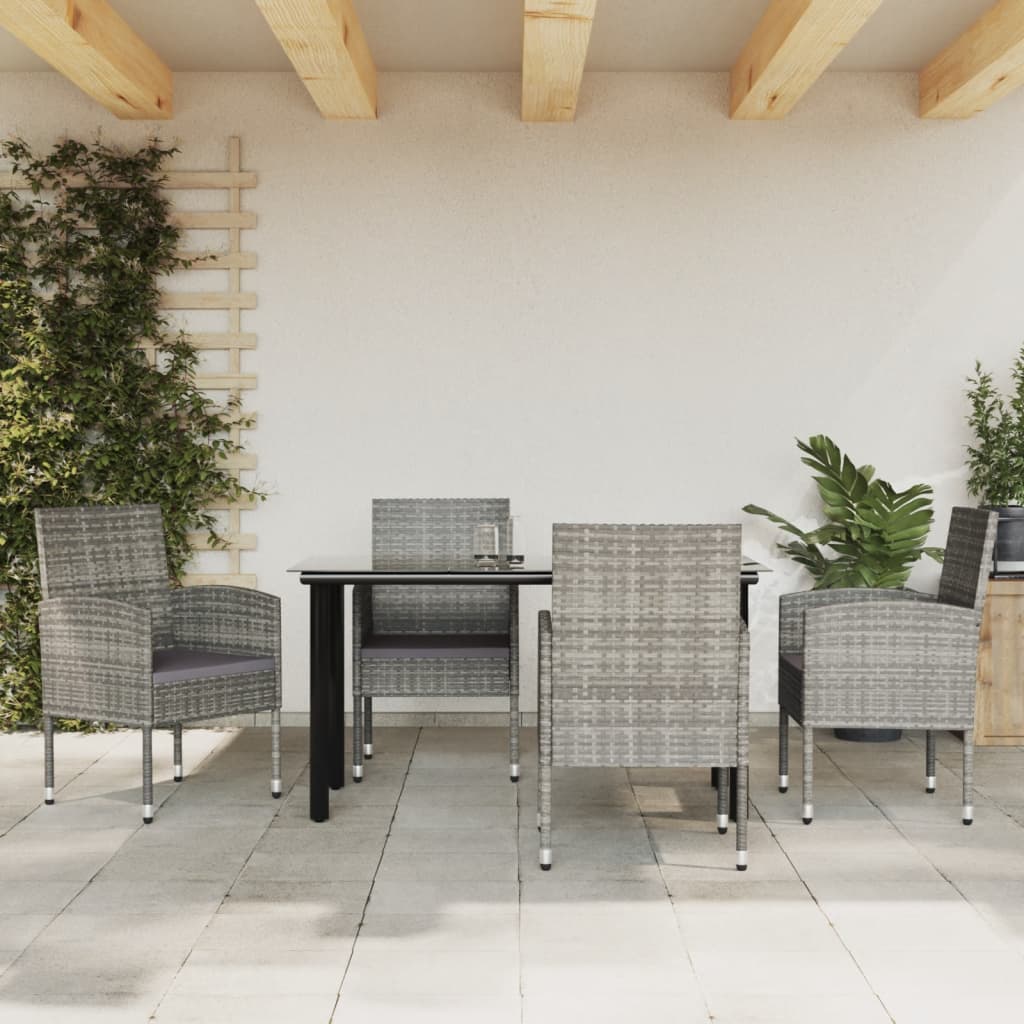 Set da Pranzo da Giardino 5 pz Nero Grigio Polyrattan e Acciaio