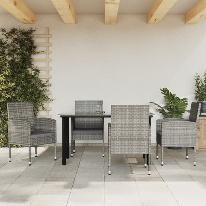 Set da Pranzo da Giardino 5 pz Nero Grigio Polyrattan e Acciaio