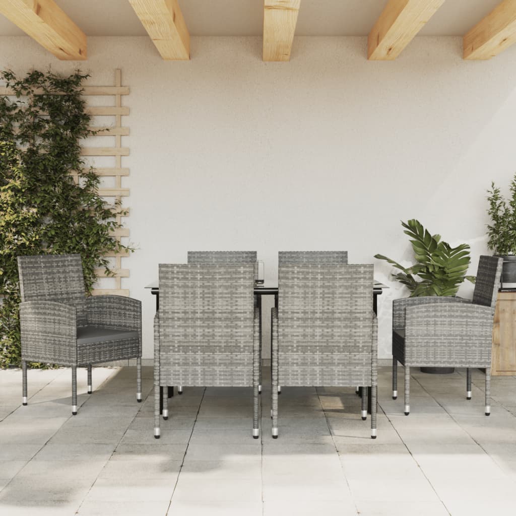 Set da Pranzo da Giardino 7 pz Nero Grigio Polyrattan e Acciaio