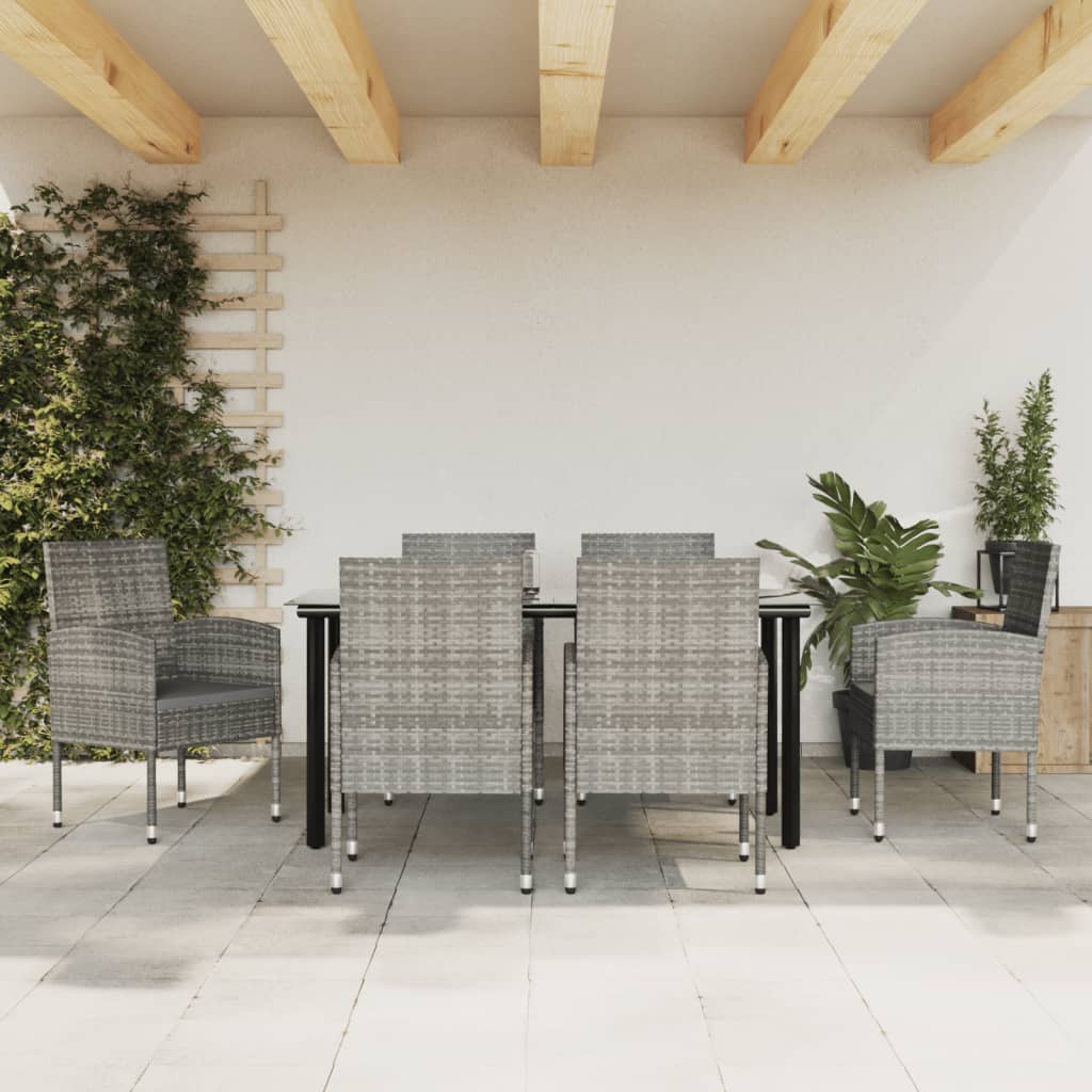 Set da Pranzo da Giardino 7 pz Nero Grigio Polyrattan e Acciaio