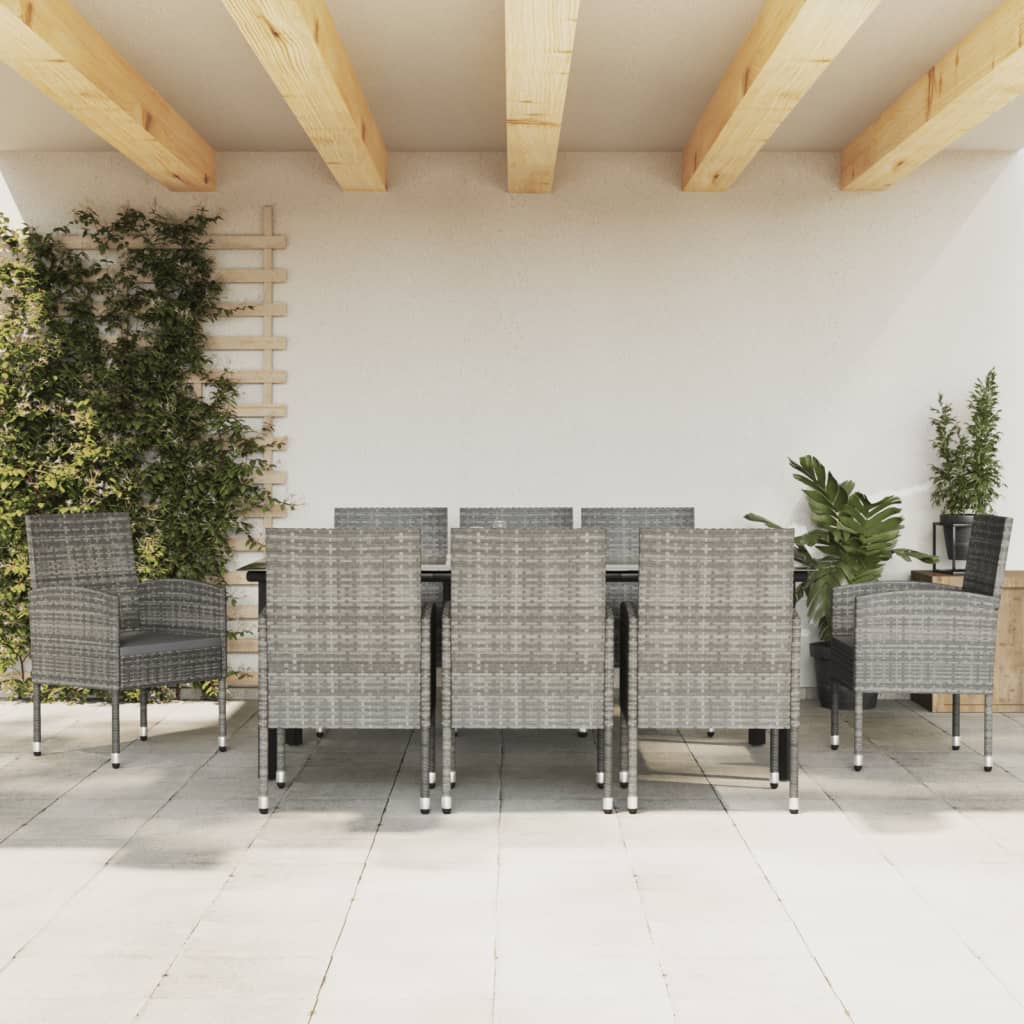 Set da Pranzo da Giardino 9 pz Nero Grigio Polyrattan e Acciaio