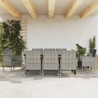 Set da Pranzo da Giardino 9 pz Nero Grigio Polyrattan e Acciaio