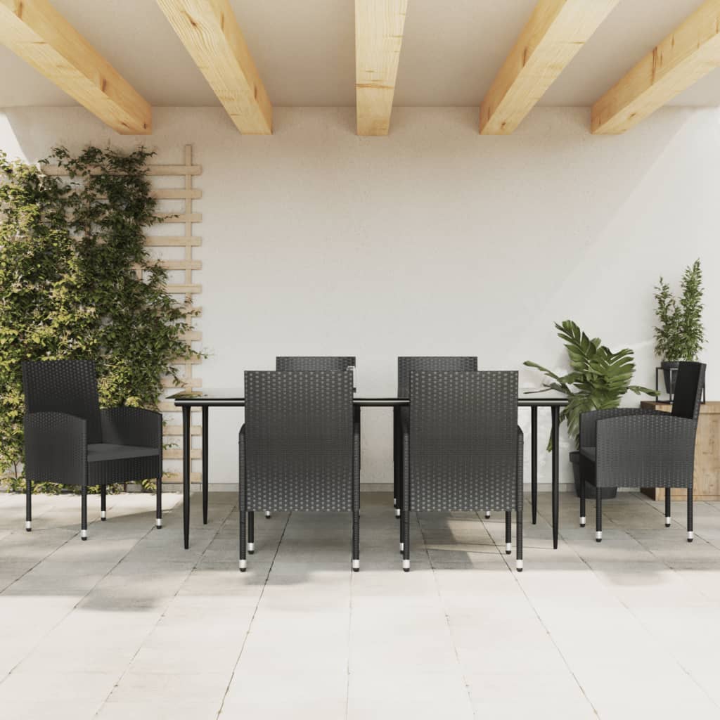 Set da Pranzo da Giardino 7 pz Nero in Polyrattan e Acciaio