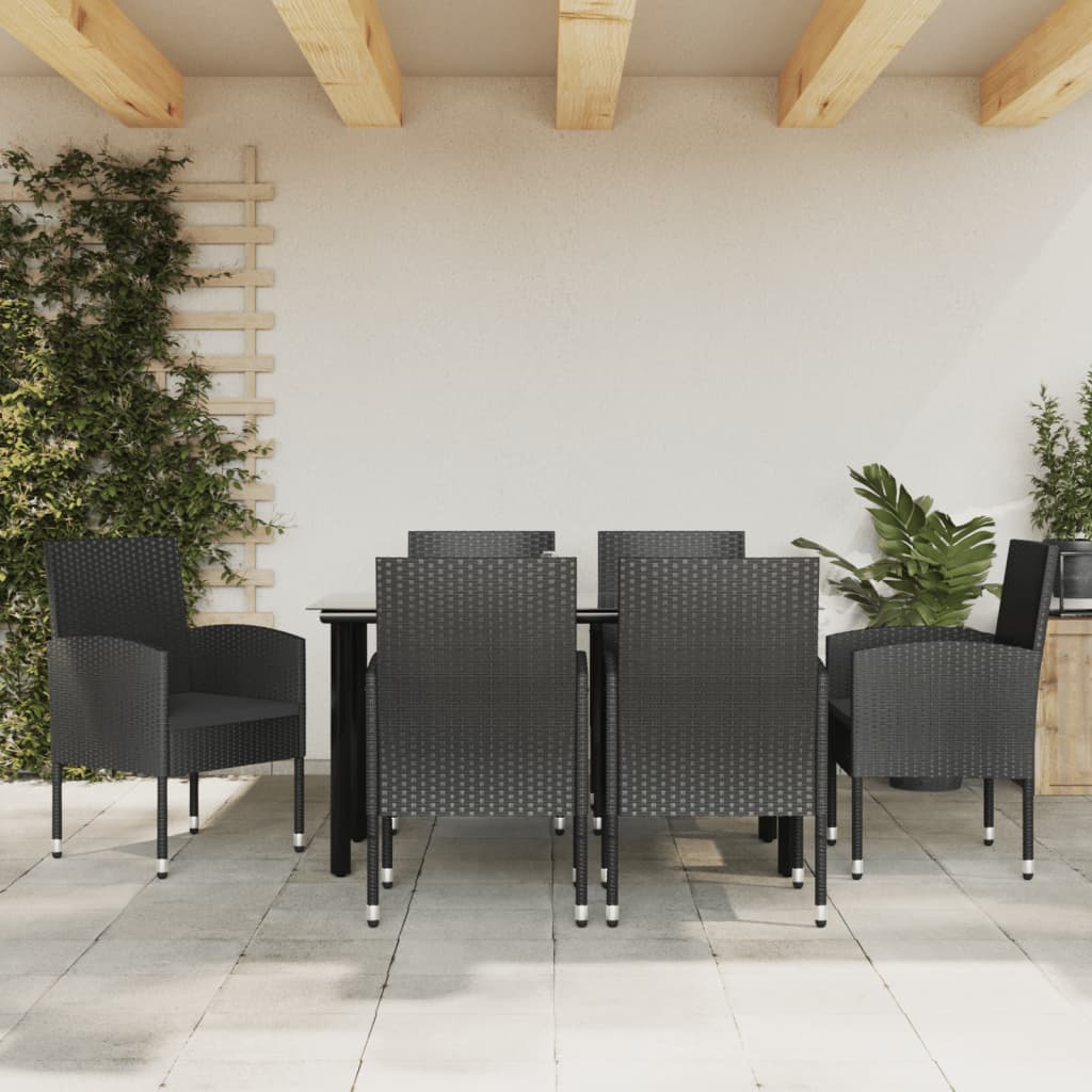Set da Pranzo da Giardino 7 pz Nero in Polyrattan e Acciaio