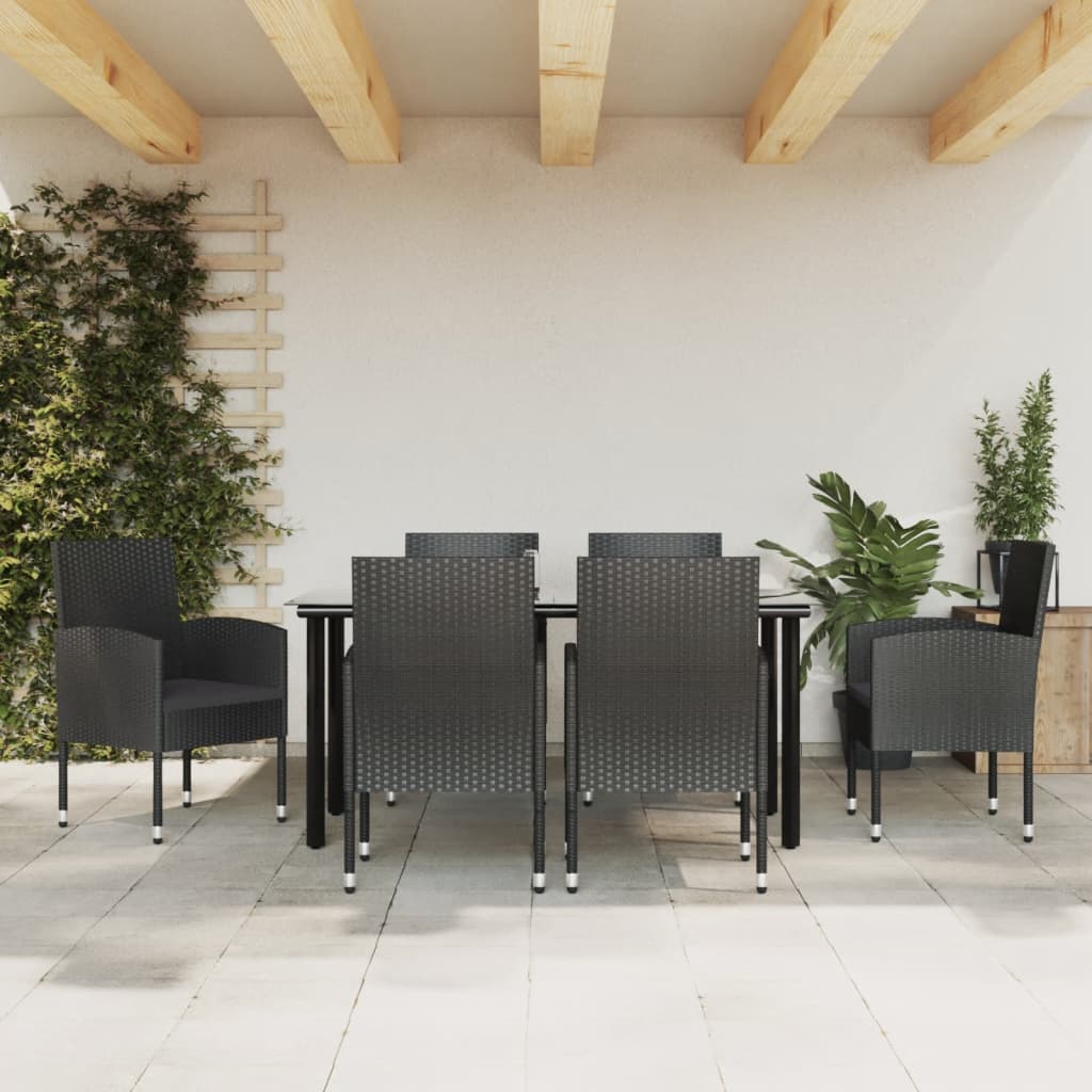 Set da Pranzo da Giardino 7 pz Nero in Polyrattan e Acciaio