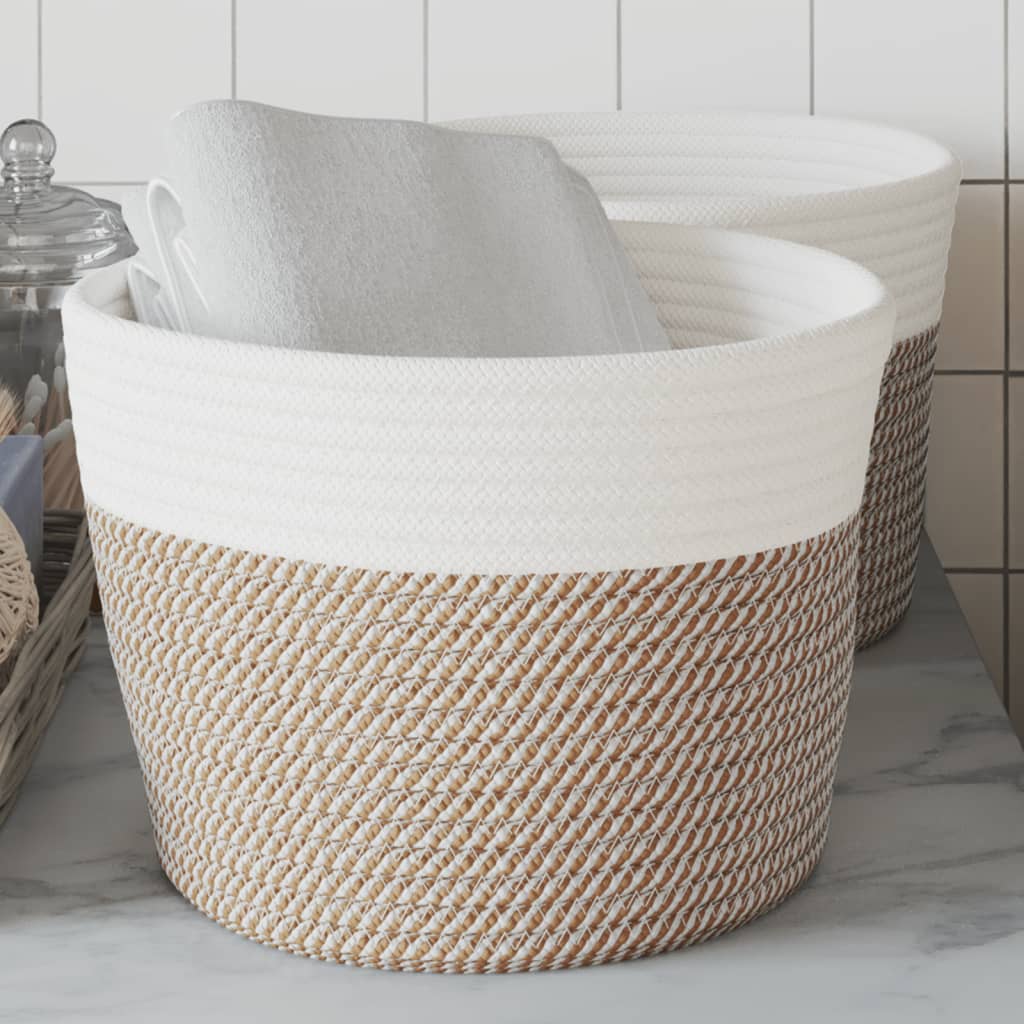 Cestini Portaoggetti 2pz Marrone e Bianco Ã˜24x18 cm in Cotone