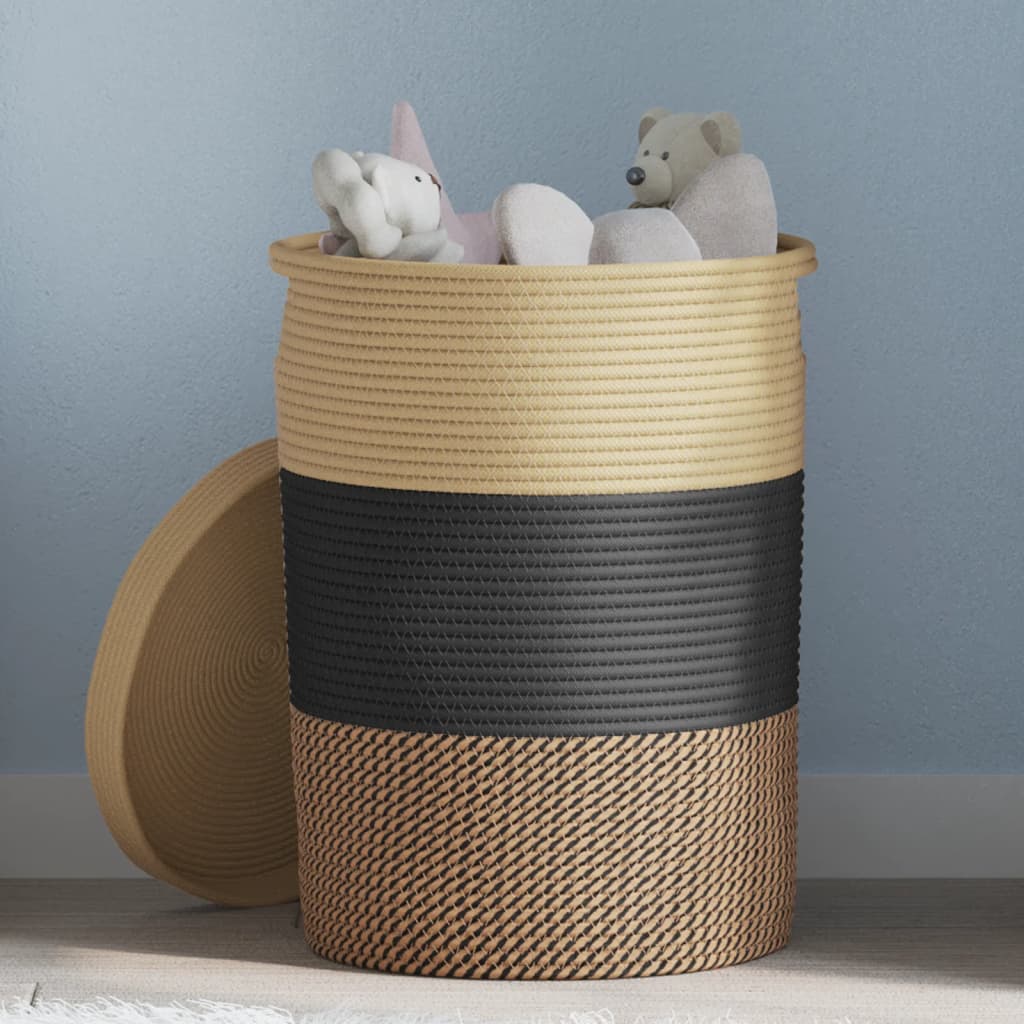 Cestino Portaoggetti con Coperchio Nero e Beige Ã˜37x50cm Cotone