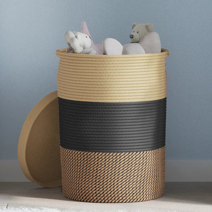 Cestino Portaoggetti con Coperchio Nero e Beige Ã˜37x50cm Cotone