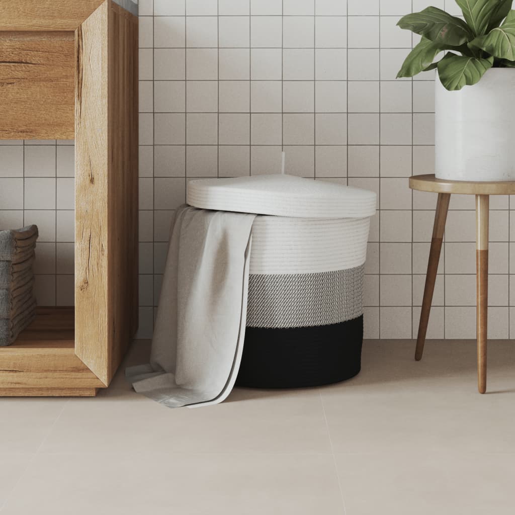 Cestino Portaoggetti con Coperchio Bianco Nero ÃƒËœ40x35cm Cotone