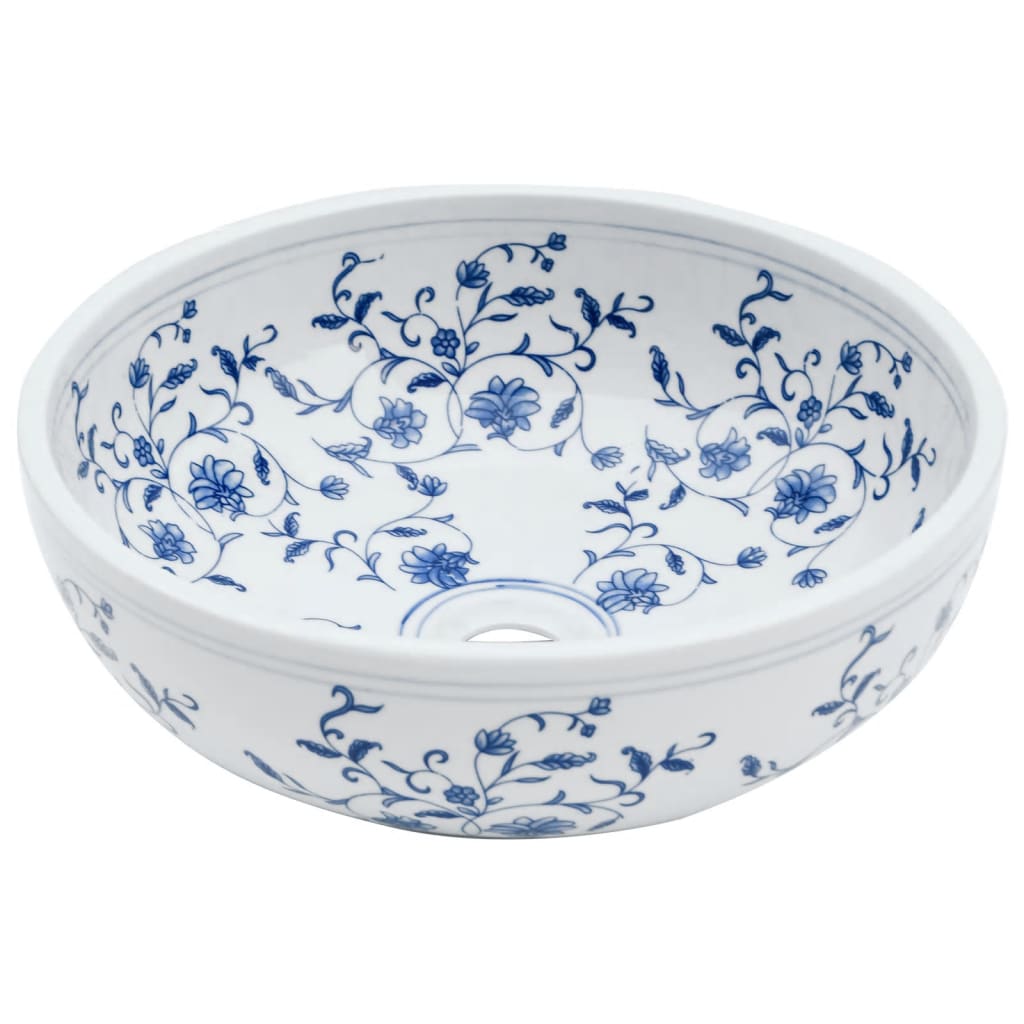 Lavabo da Appoggio Bianco e Blu Rotondo ?41x14 cm Ceramica