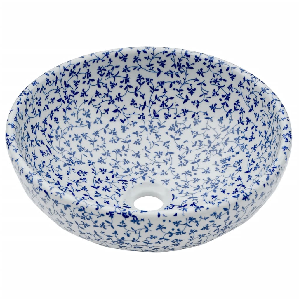 Lavabo da Appoggio Bianco e Blu Rotondo ?41x14 cm Ceramica