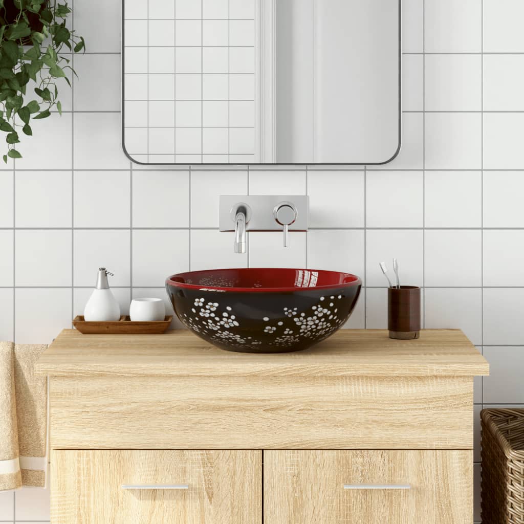 Lavabo da Appoggio Nero e Rosso Rotondo ?41x14 cm Ceramica