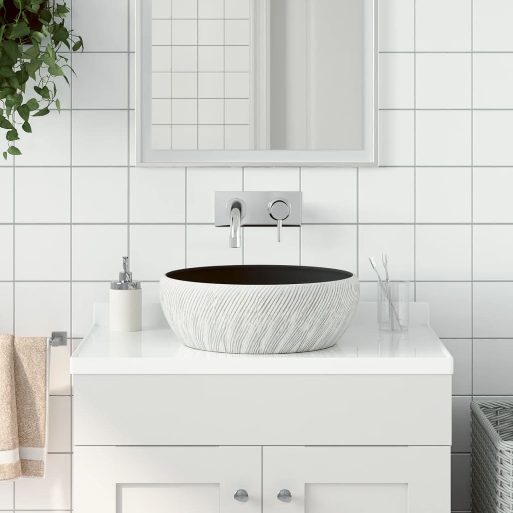 Lavabo da Appoggio Nero e Grigio Rotondo ?41x14 cm Ceramica