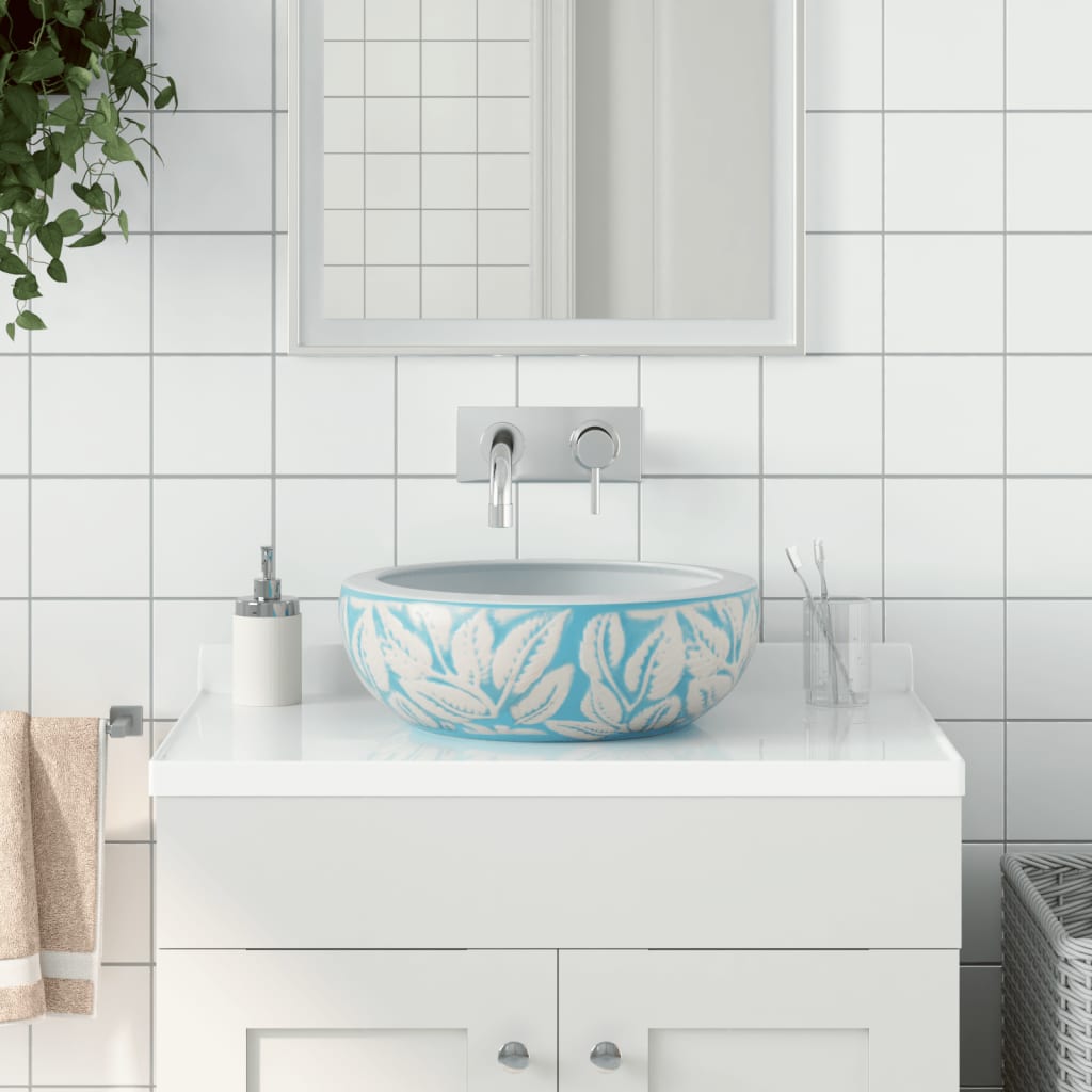 Lavabo da Appoggio Bianco e Blu Rotondo ?41x14 cm Ceramica