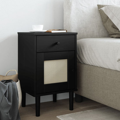 Comodino SENJA Aspetto Rattan Nero 40x35x65 cm in Legno Pino