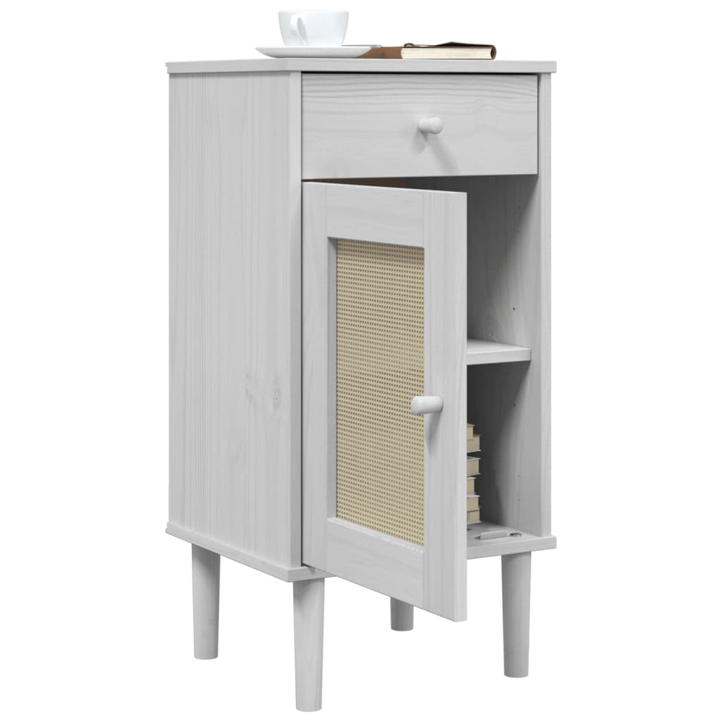 Comodino SENJA Aspetto Rattan Bianco 40x35x80 cm in Legno Pino