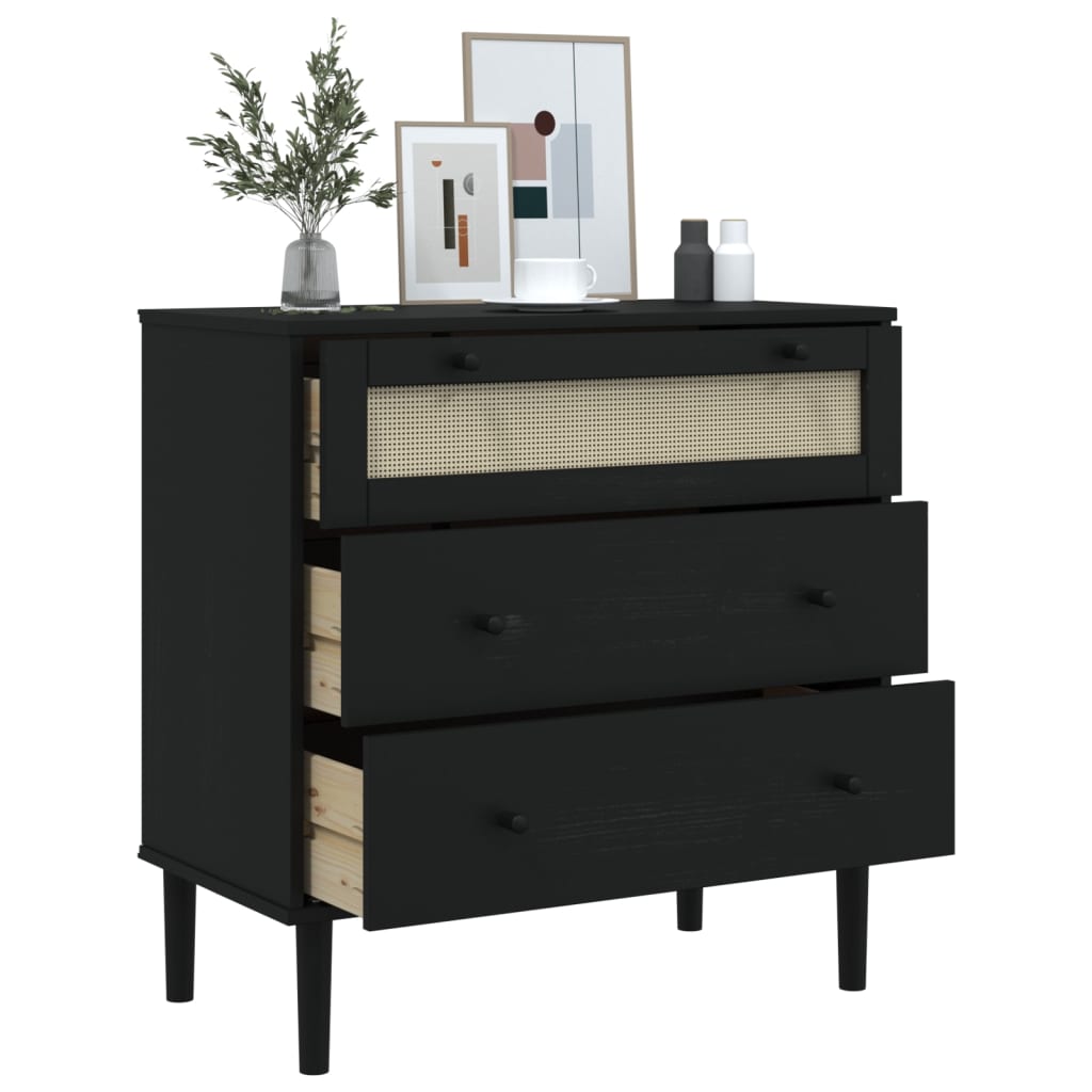 Cassettiera SENJA Aspetto Rattan Nera 80x40x80 cm in Legno Pino