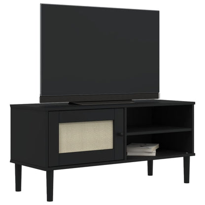 Mobile TV SENJA Aspetto Rattan Nero 106x40x49 cm Massello Pino