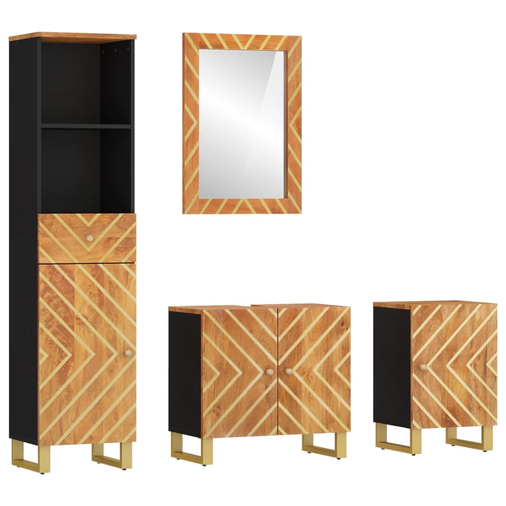 Set Mobili da Bagno 4pz Marrone e Nero Legno Massello di Mango