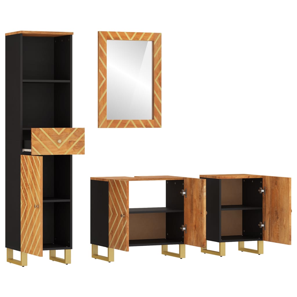 Set Mobili da Bagno 4pz Marrone e Nero Legno Massello di Mango