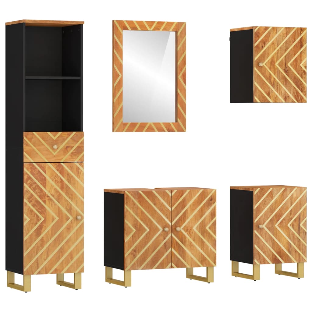 Set Mobili da Bagno 5pz Marrone e Nero Legno Massello di Mango