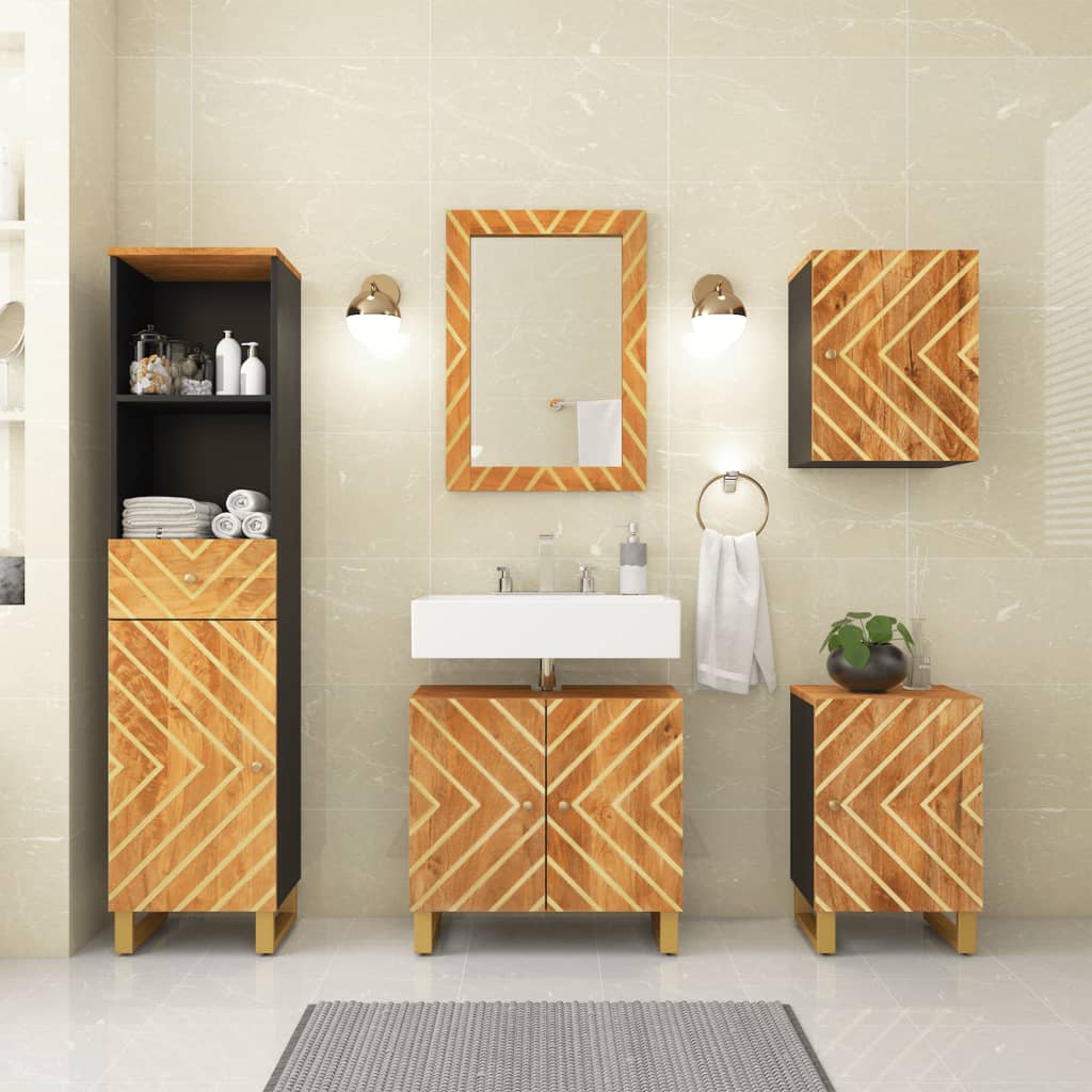 Set Mobili da Bagno 5pz Marrone e Nero Legno Massello di Mango