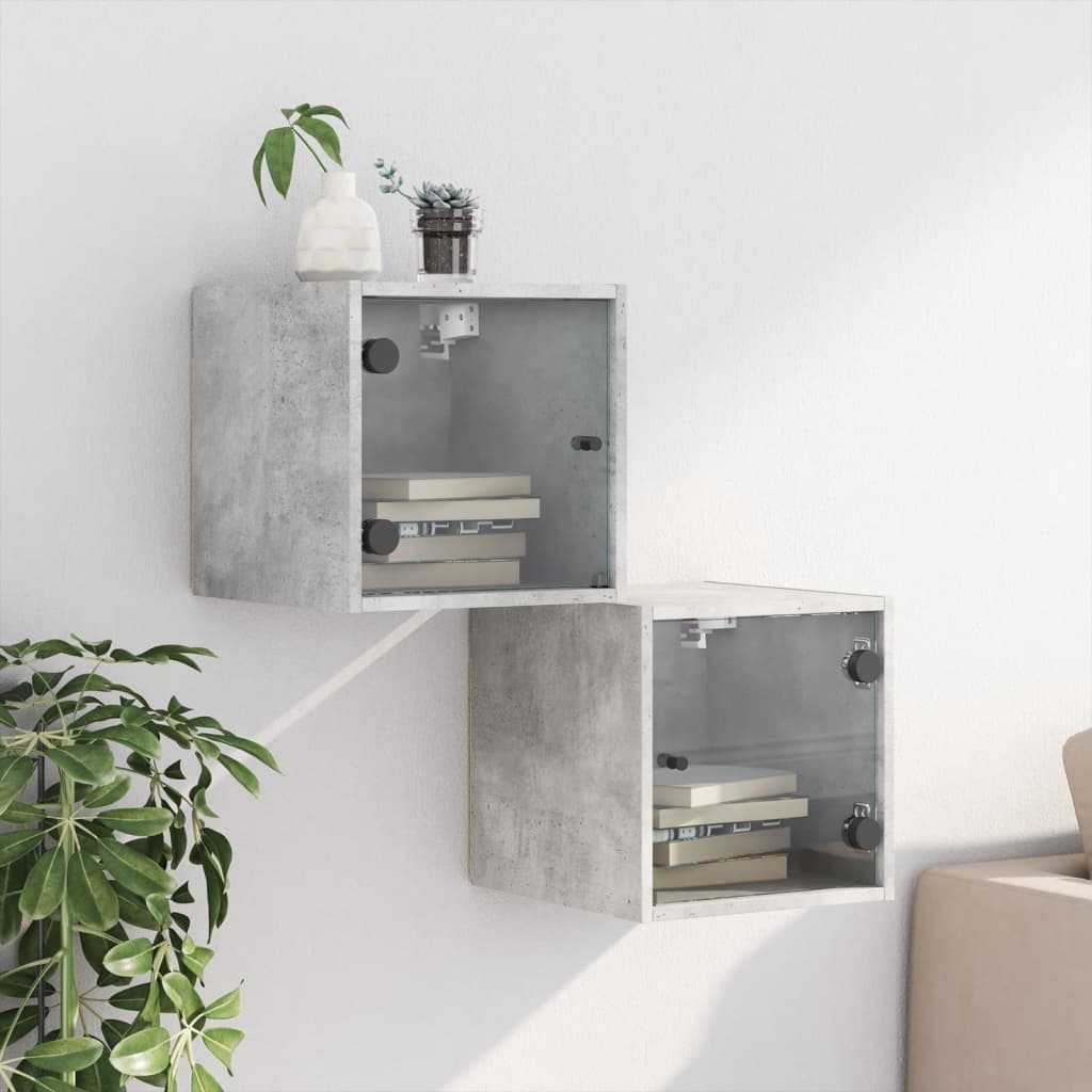 Comodini con Ante in Vetro 2pz Grigio Cemento 35x37x35 cm