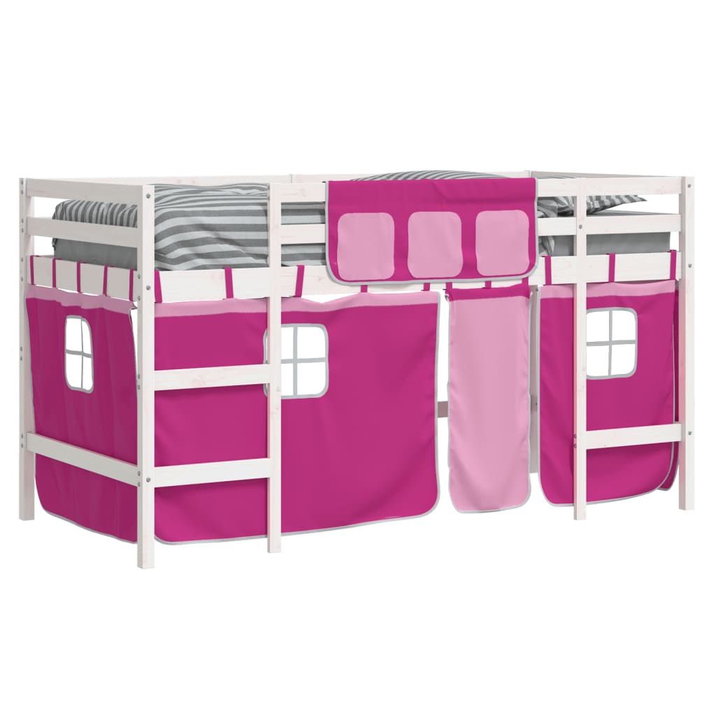Letto a Soppalco con Tende Bambini Rosa 80x200 cm Massello Pino