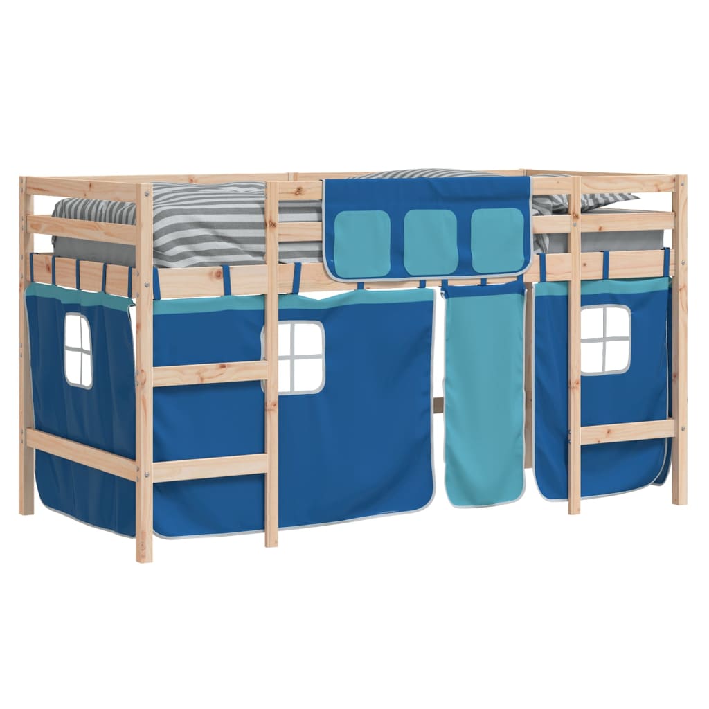 Letto a Soppalco con Tende Bambini Blu 90x200 cm Massello Pino