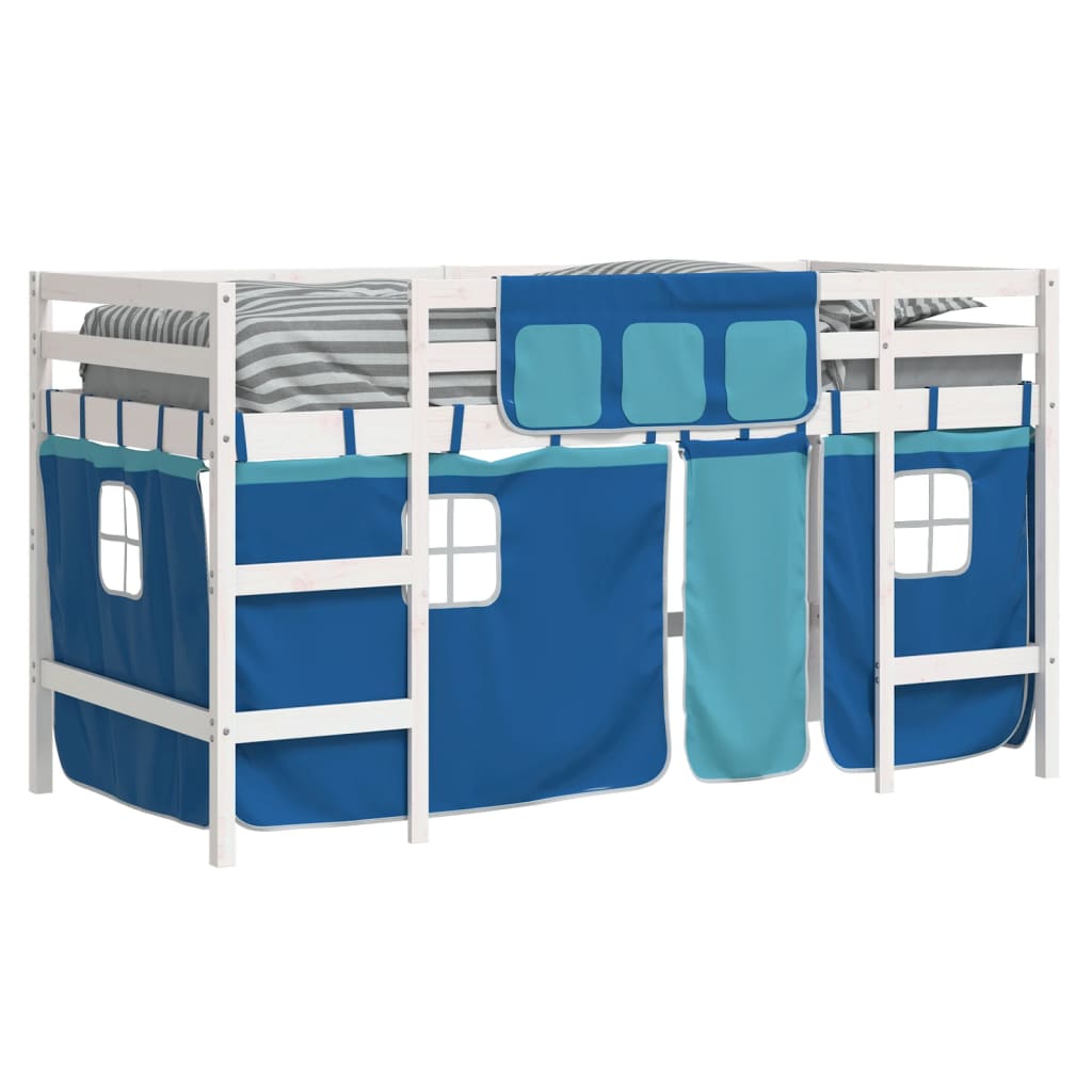 Letto a Soppalco con Tende Bambini Blu 90x200 cm Massello Pino