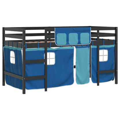 Letto a Soppalco con Tende Bambini Blu 90x200 cm Massello Pino