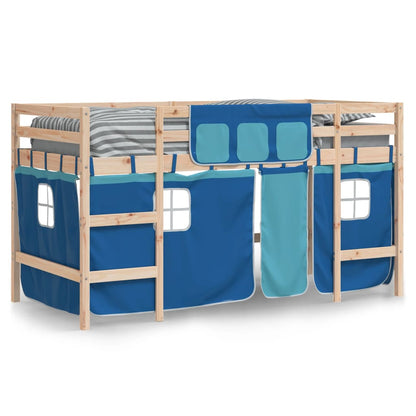 Letto a Soppalco Bambini con Tende Blu 90x190 cm Massello Pino