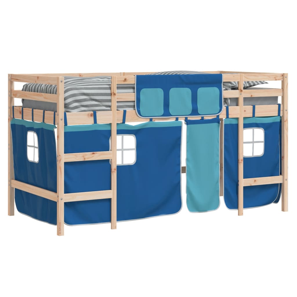 Letto a Soppalco Bambini con Tende Blu 90x190 cm Massello Pino
