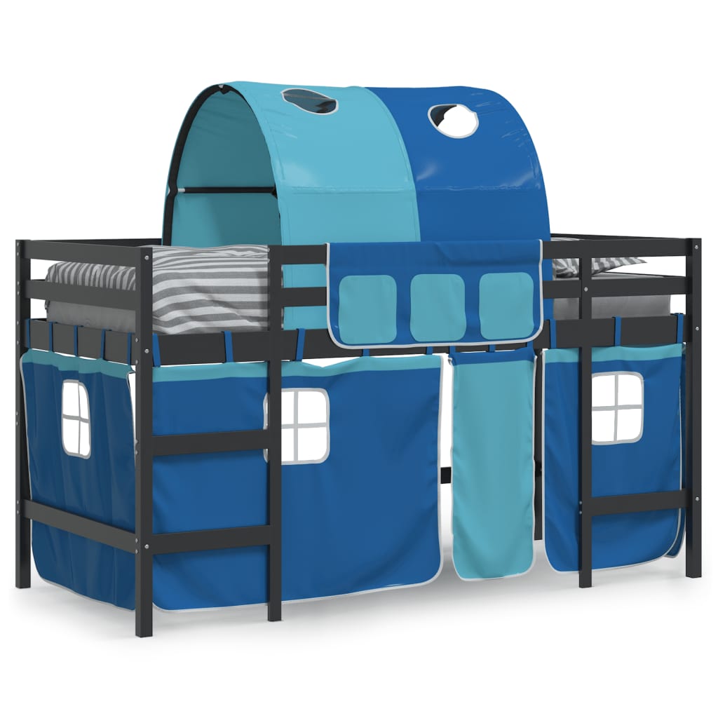 Letto a Soppalco con Tunnel Bambini Blu 80x200cm Massello Pino