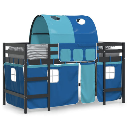 Letto a Soppalco con Tunnel Bambini Blu 80x200cm Massello Pino