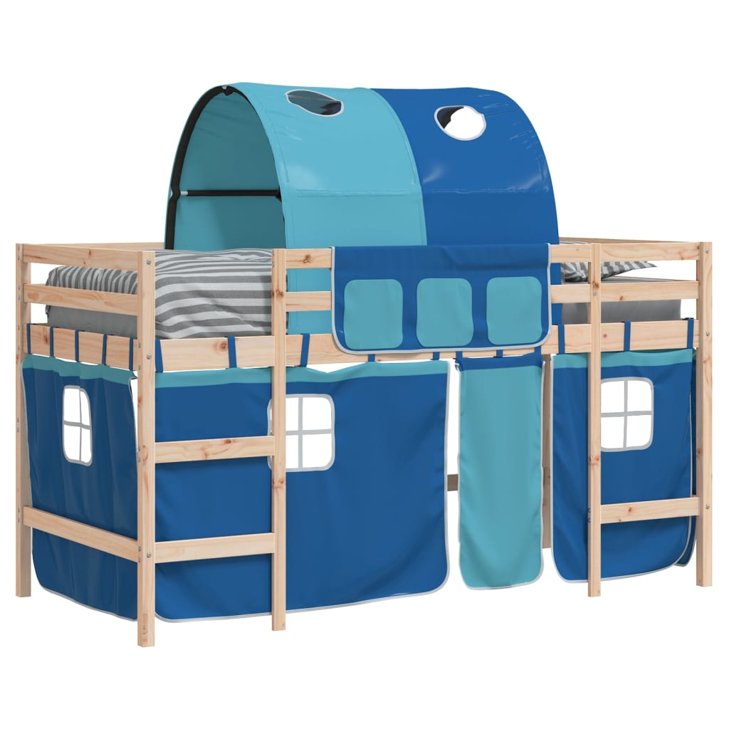 Letto a Soppalco con Tunnel Bambini Blu 90x200cm Massello Pino