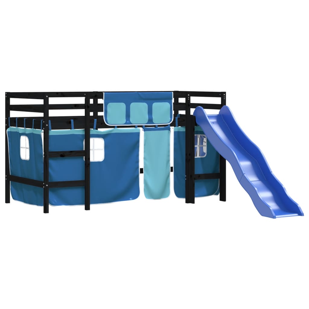 Letto a Soppalco con Tende Bambini Blu 90x200 cm Massello Pino